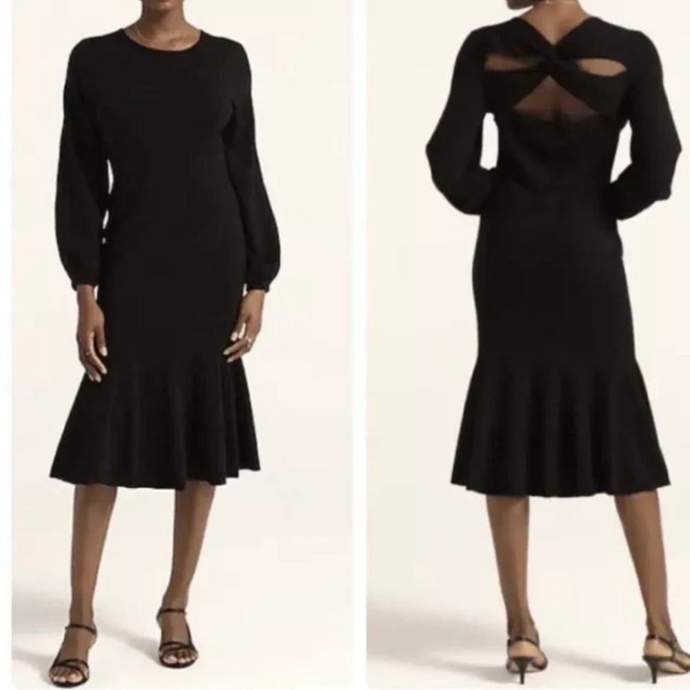 J CREW sz small BLACK MERINO WOOL Twist SWEATER DRESS Ruffle Trim Elegant Modest